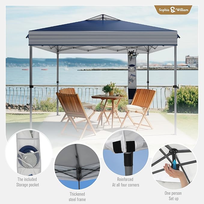 Sophia & William Canopy Tent Pop Up 10x10 ft One Person Push Set Up Tent, Outdoor Canopies Shelter Heavy Duty Straight Legs with 4 Sandbags & Guy Ropes, 1 Roller Bag & Storage Bag, 8 Stakes UPF50+