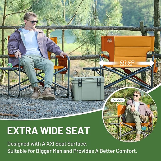 Timber Ridge XXL Director’s Chair – Heavy Duty Folding Chair with Side Table, 500 lb Capacity, Extra Wide Padded Seat for Camping, Sports, Beach, Patio, and Outdoor Use, Orange