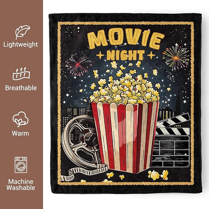 Movie Night Popcorn Theater Blanket, Movie Lover Gifts, Soft Blanket for Movie Theater Room Decor, Cozy Throw Blankets Christmas Birthday Gifts for Adults Toddles Teens Couch Bed 60" X 50"
