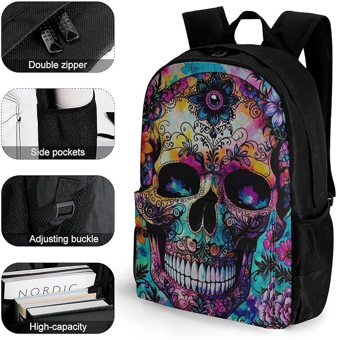 Supdreamc Polyester Daypack Backpack for Climbing Outdoors Running, Big Capacity Multipurpose Anti-Theft Bookbag, Indain Mandala Sugar Skull Travel Hiking Camping Rucksack