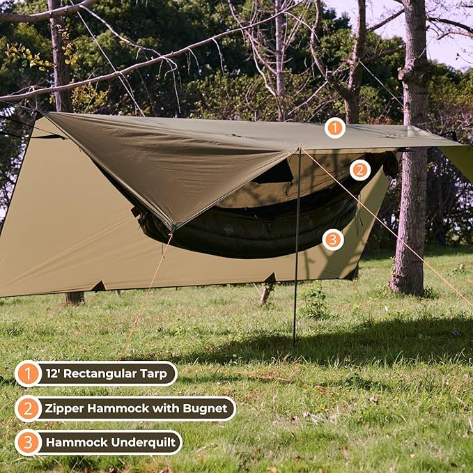 Onewind 11ft Camping Hammock with Mosquito Net and Structure Ridgeline, Lightweight Portable Hammock with 12ft Tree Straps Ideal for Outdoor Hiking Backpacking, OD Green