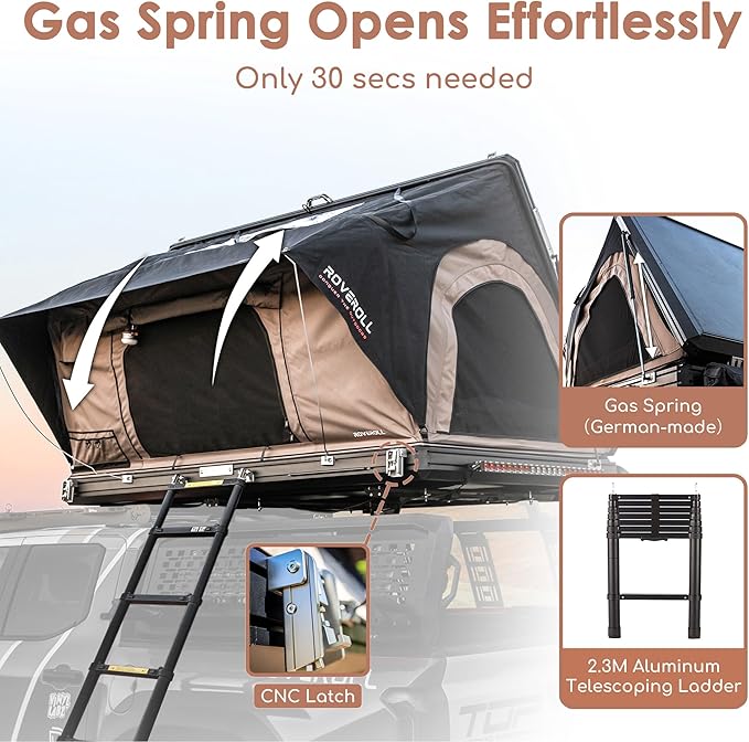 Rooftop Tent, Hardshell Roof Top for 2-4 Person, with Aluminum Telescopic Ladder, LED Strip Light