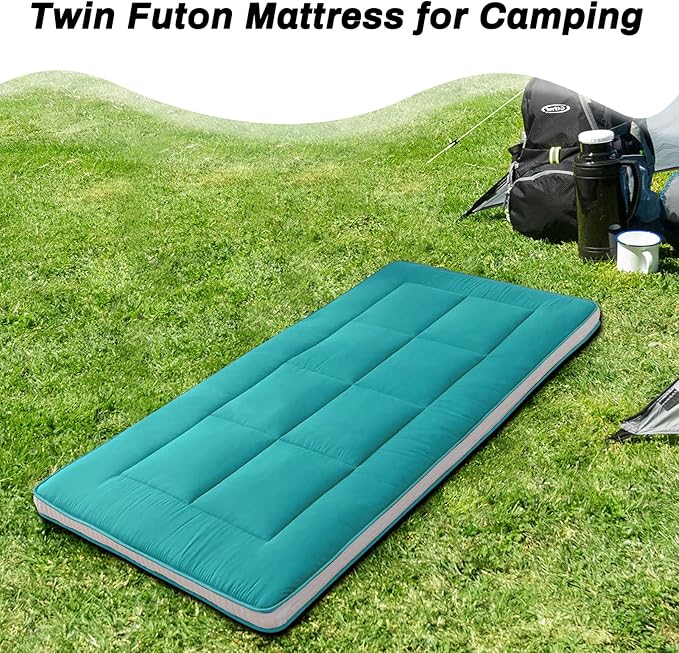 MAXYOYO Twin Bed Mattress Japanese Floor Futon Mattress, Twin Tatami Pad Camping Floor Bed Topper, Easy to Foldable and Portable, Turquoise Futon Single Mat