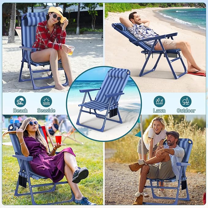 Suteck Backpack Beach Chairs for Adults 2 Pack, 6-Position Folding Reclining Chair with Cooler Bag & Cup Holder, Lightweight Portable Beach Chair for Camping, Outdoor, Sand, Travel Use