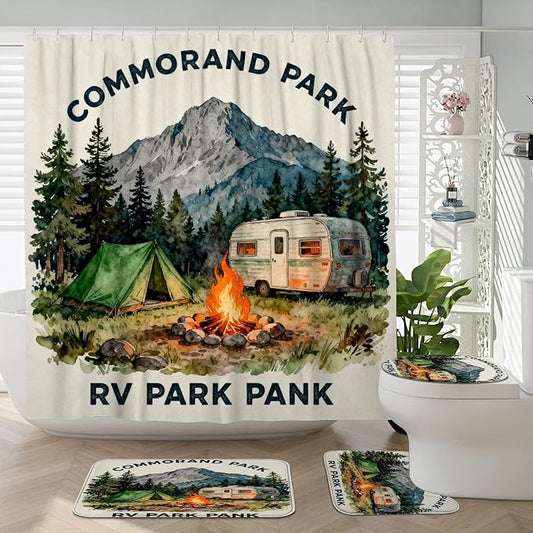 Mountain Shower Curtain Sets, Outdoor Adventure Tent Campfire Summer Green Waterproof Fabric Bathroom Cloth Shower Curtain and Rug Set Decorative for Toile Guest Room 72x72 Inch