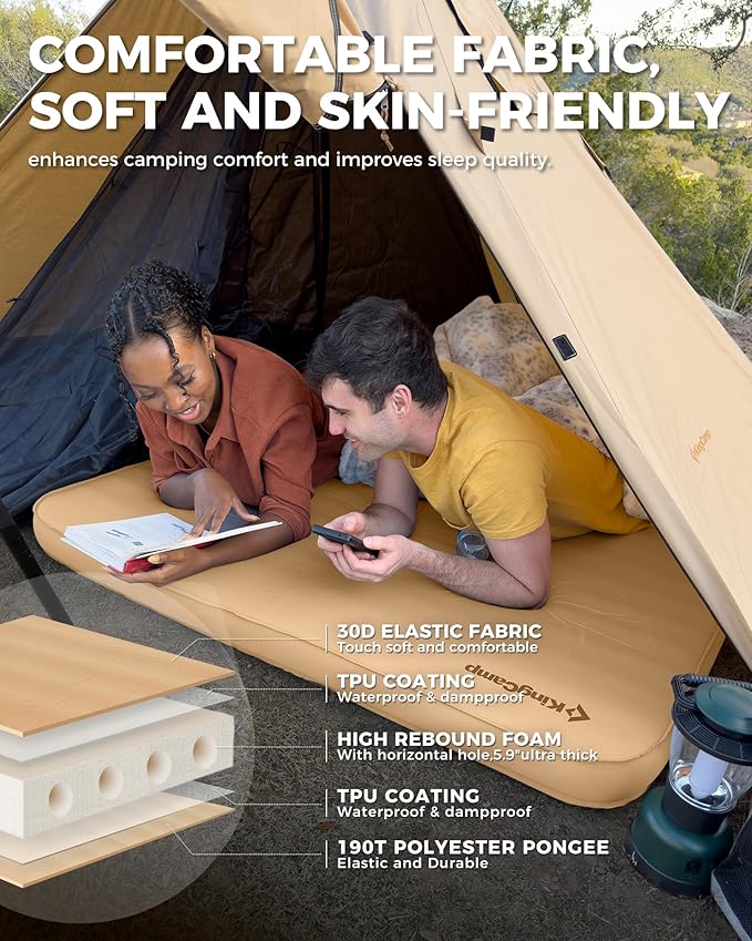 KingCamp Self Inflating Sleeping Pad, 6" Ultra Thick R 15.5 Air & Foam Camping Mattress 2 Person, Full Size Double Sleeping Pad for Camp Tent Outdoor Car, PVC Free (Khaki)