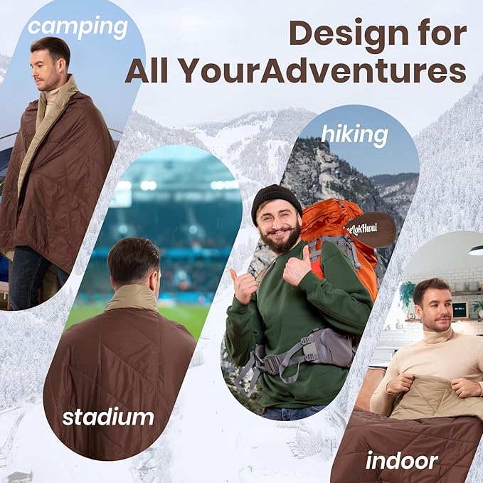 Ultralight Puffy Blanket, Outdoor Camping Blanket, Water-Resistant and Packable, Great for Camping, Stadium, Traveling, Backpacking, Picnic and Beach. 79"x55". Classic Coffee