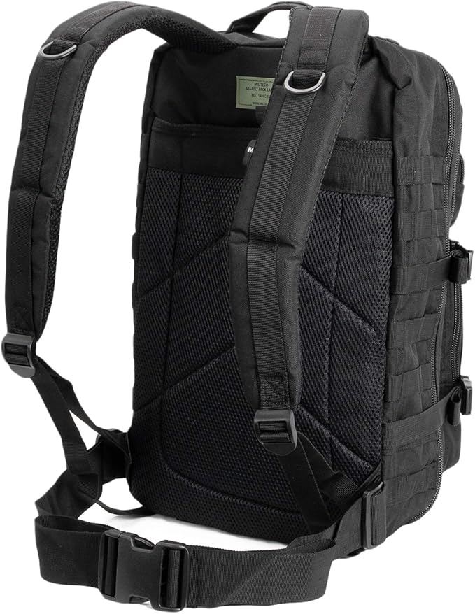 Mil-Tec Unisex Assault Pack - Rugged Durable Lightweight Ergonomic Versatile Tactical Outdoor Camping Hiking Backpack with Adjustable Padded Shoulder Straps & MOLLE Loops, Black, 36L