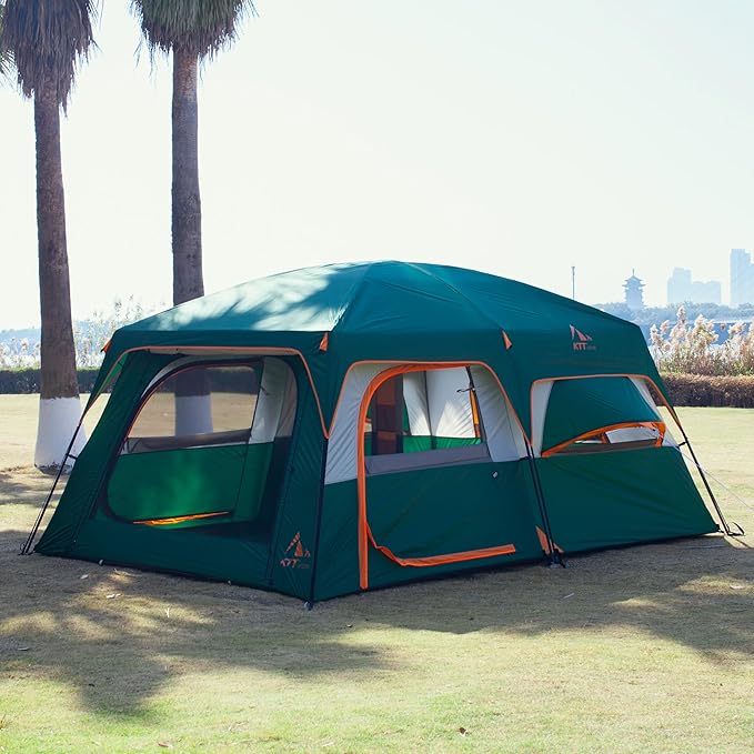 KTT Extra Large Tent 10-12-14 Person(A),Family Cabin Tents,2 Rooms,3 Doors and 3 Windows with Mesh,Straight Wall,Waterproof,Double Layer,Big Tent for Outdoor,Picnic,Camping,Family Gathering