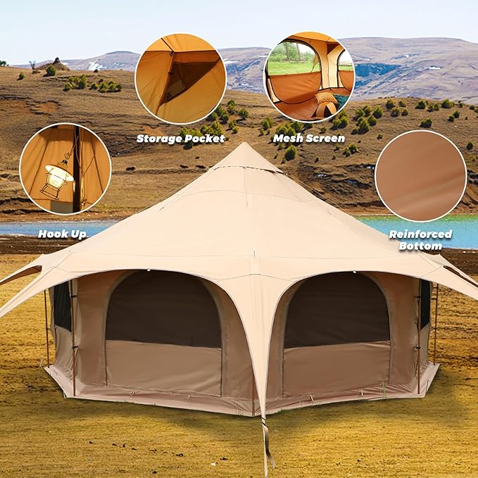 LVUYOYO Canvas Bell Tent, Glamping Yurt Waterproof Tent with Stove Jack and Storage Bag, Perfect for Family 4 Season Camping (16.4 * 9.18 FT)