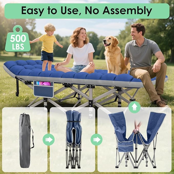 Suteck Camping Cot, Folding Camping Cot Bed for Adults Sleeping 1200D Double Layer Oxford Portable Folding Outdoor Cots for Camping W/Soft Pad Carry Bag for Home Office Nap Beach Travel, 500LBS,Blue