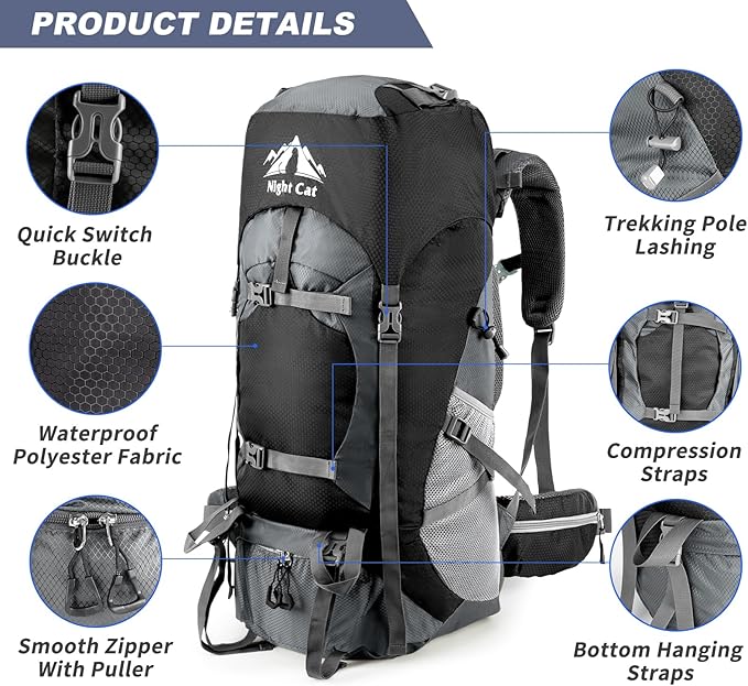 Night Cat Hiking Backpacks 90L Camping Backpacking Packs for Men Women Lightweight Outdoor for Mountaineering Traveling, No Internal Frame