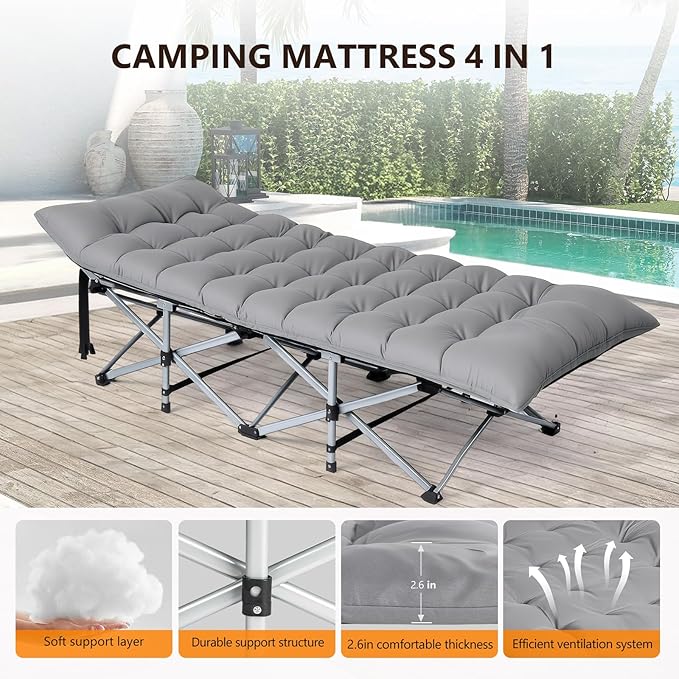 VINGLI Folding Camping Cot Bed,Camping Cots for Adults with Mattress, Foldable Cots for Sleeping with Pillow 1200D Layer Oxford for for Guest,Travel,Hiking Grey