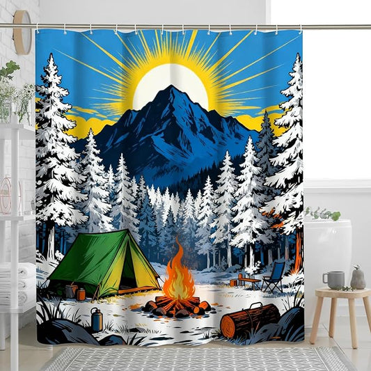 Mountain Extra Wide Shower Curtain, Nature Outdoor Tent Campfire Summer Blue Waterproof Fabric Decorative Bathroom Curtain Decor for Toile Bathroom Dorm 108x72 Inch