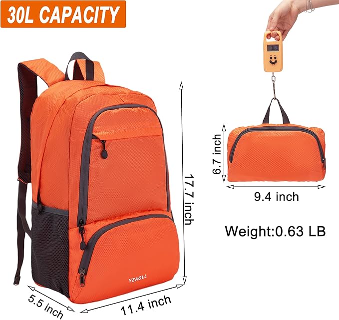 YZAOLL 30L Hiking Backpack Lightweight Day Packs, Packable Backpack for Women Men Travel Camping Vacation,Orange