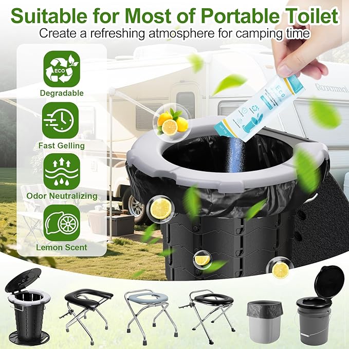 BLIKA Camping Toilet Bags Eco Absorbent Gel Set, Drawstring Portable Toilet Bags with Gel, 8 Gallon (30L) Heavy Duty 1.97 Mil, Toilet Replacement Bag with Toilet Powder for Camping Outdoor Hiking