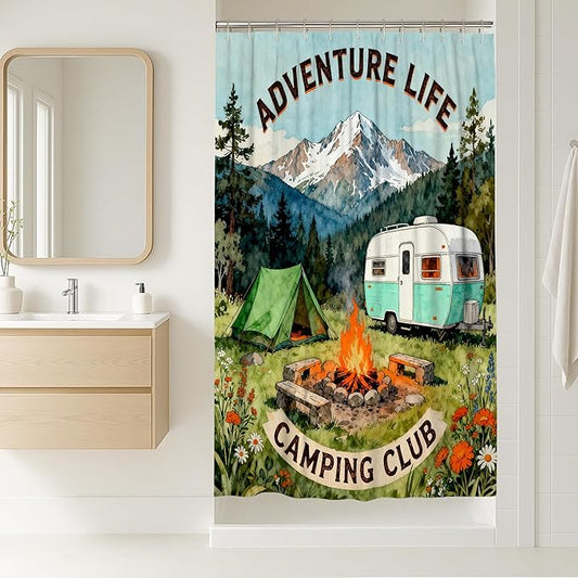 Mountain Stall Shower Curtain, Outdoor Adventure Tent Campfire Summer Green Polyester Waterproof Design Print Bath Curtains for Bathroom Toile Guest Room Decor 36x72 Inch