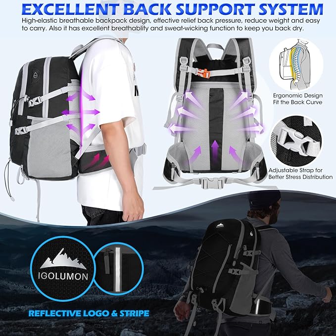 IGOLUMON Hiking Backpack 40L Packable Hiking Daypack for Men Women Waterproof Lightweight Foldable Camping Backpack