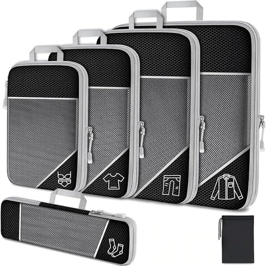 6Pcs Compression Packing Cubes Set, Waterproof Travel Luggage Organizer with Drawstring Bag, Lightweight Nylon Suitcase Storage Bags for Travel Camping Business Trip