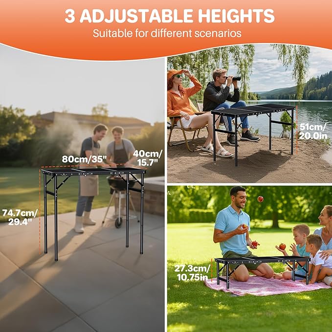 FUNYKICH 3ft Folding Grill Table for Outside 35.4''x15.7'', Max Height 29.4'' Portable Camping Tables, 3 Height Adjustable Lightweight Metal BBQ Table with Carry Handle for Camping, Picnic, BBQ, Black
