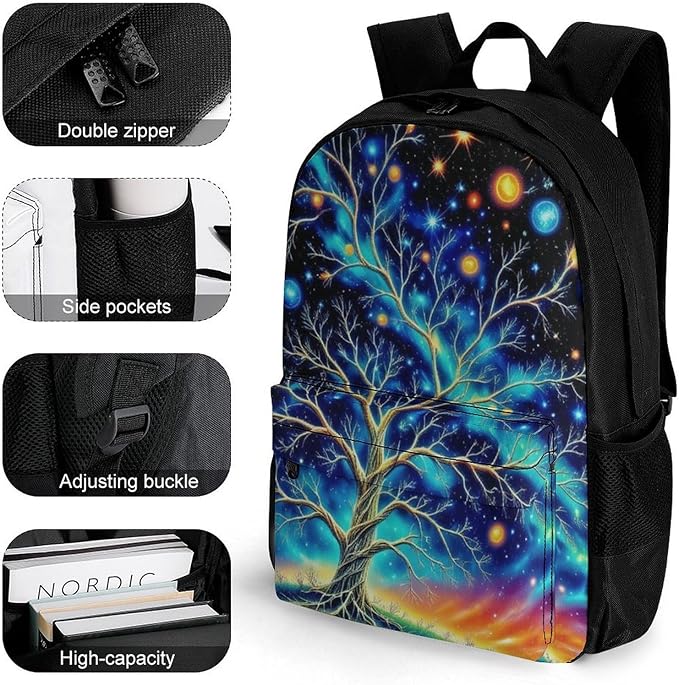 Supdreamc Shoulder Book Bags Anti-Theft Multipurpose Big Capacity Bookbag, Mystery Tree Of Life Fantasy Planet Art Travel Hiking Backpack With Smooth Zippers
