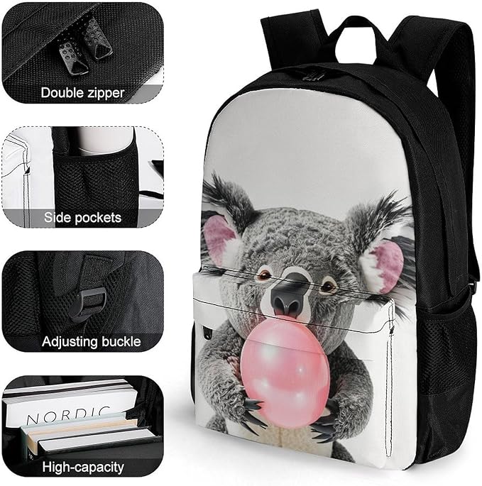 Lightweight Daypack Backpack for Trekking Work Running, Big Capacity Multipurpose Anti-Theft Bookbag, Bubble Gum Cute Funny Koala Business Computer Bag