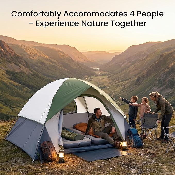 XL 4 Person Dome Camping Tent, Double Layer Waterproof, Removable Rain Fly, for Outdoor Hiking, Fishing