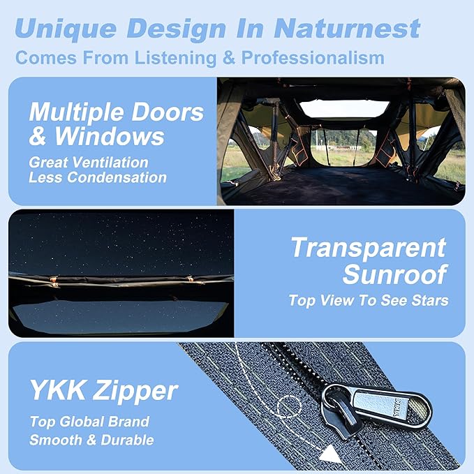 Naturnest Rooftop Tent, Great View Ventilation Light Weight Tent for 2 Person Camping, Waterproof Windproof UV-Resistant Blackout Privacy 4 Season Tent for Truck, Jeep, SUV, Van, Trailer - Andromeda