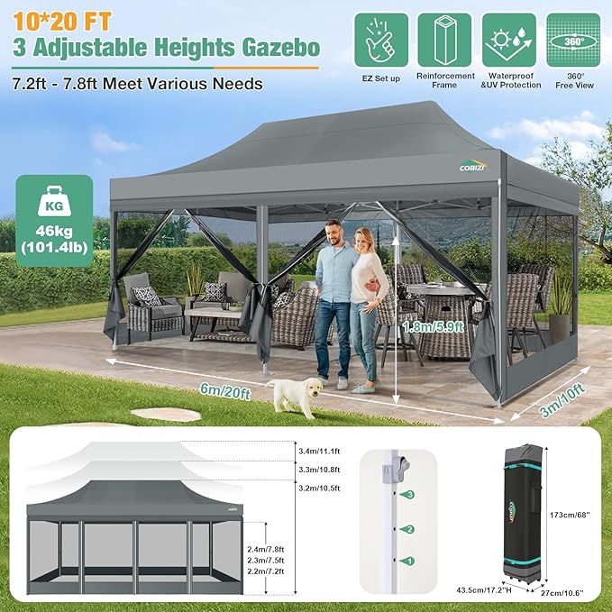 COBIZI 10x20 Canopy Tent, Heavy Duty Pop up Canopy with Sidewalls, Waterproof Easy Setup Canopy with Mosquito Netting, Outdoor Instant Screen Tents for Parties, Wedding with Roller Bag, Gray