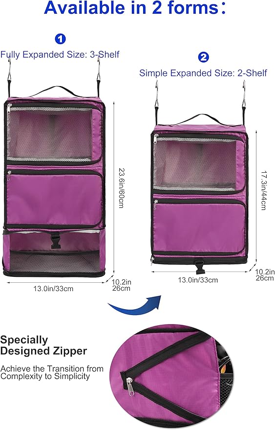 ELEZAY Hanging Packing Cubes Portable Closet 3-Shelf Travel Collapsible Compression Garment Organizer for Carry-on Luggage Suitcase Space Saver Bag X-Large_No Side Pockets, Purple