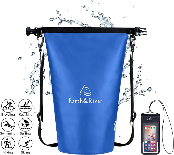 EARTH&RIVER Premium Waterproof Dry Bag Backpack, Extra Thick, Protection for All Water Activities & Camping, Floating Lightweight Dry Bag & IPX8 Waterproof Phone Case (Navy Blue, 10L)