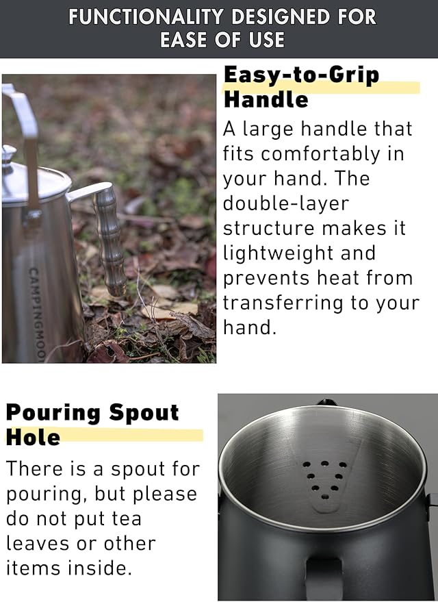 CAMPINGMOON 1.5L Campfire Kettle Stainless Steel Camping Coffee Pot Full capacity 1.86L SW-6