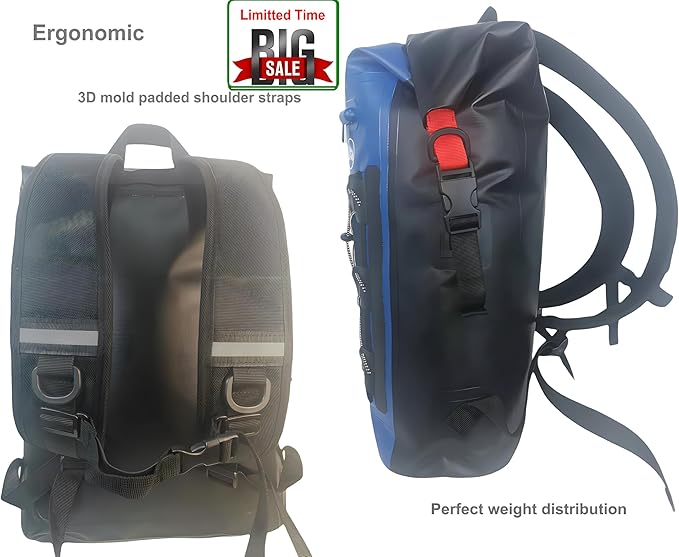 Ergonomic Skiing Dry Backpack 25L-30L Expandable | IP68 Waterproof Dry Bag for Kayaking, Hiking, Camping & Snow Sports | Daypack with Roll-Top Seal & External Pockets (Blue+Black)