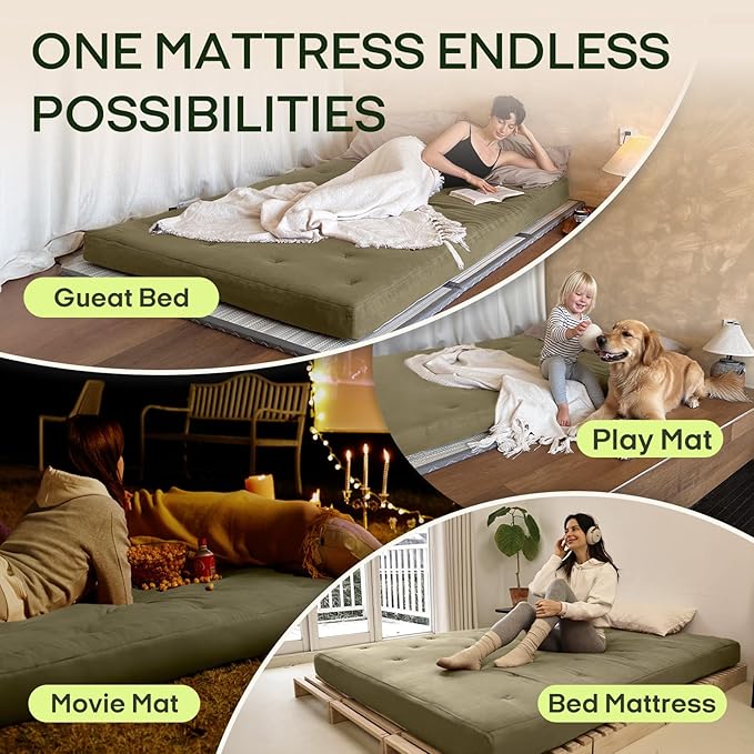 ZonLi Japanese Floor Futon Mattress Twin Size 39"x75"100% Cotton Cover 6''Thicken Tatami Mattress,Foldable Sleeping Pad,Portable Dormitory Tatami Mat,Roll Up Floor Lounger Bed for Adult (Winter Moss)