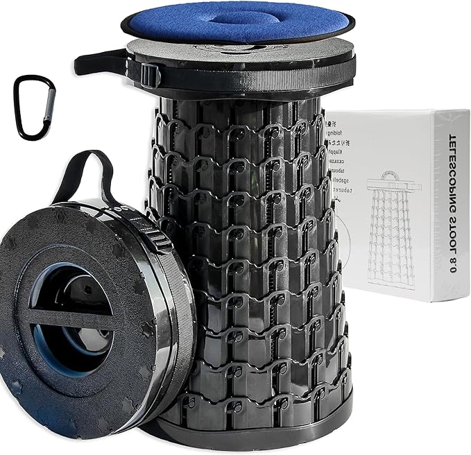 ALEVMOOM 2025 XXL 19.7" Collapsible Stool with Cushion, Capacity 1000lbs Portable Stools for Adults Heavy Duty, Adjustable Height Telescoping Folding Stool, for Outdoor Camping Travel Hiking Fishing