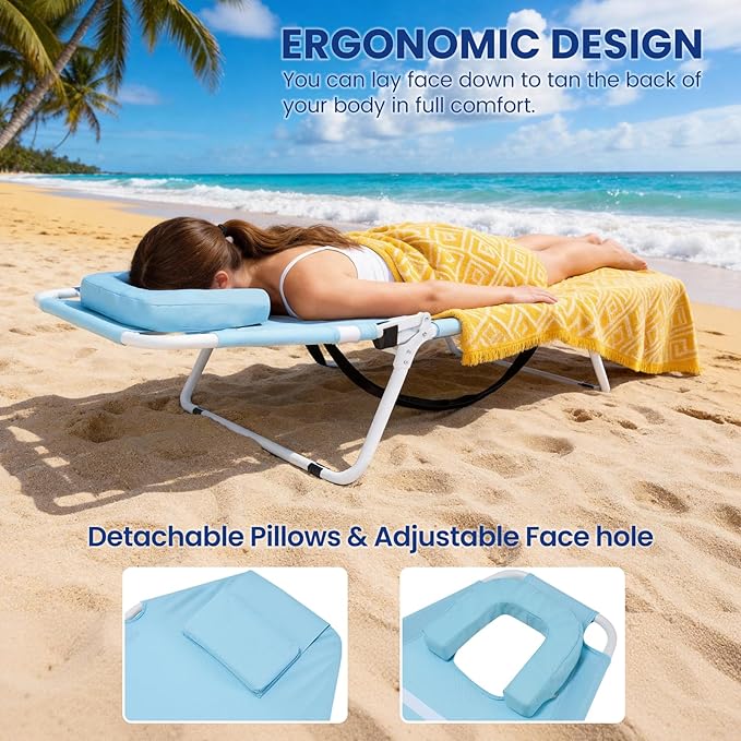 LILYPELLE Tanning Chair with Face Hole, Heavy Duty Outside Lounge Chair with Mattress, Folding Outdoor Face Down Tanning Chairs Arm Hole for Beach Poolside Patio Sunbathing Lawn Camping