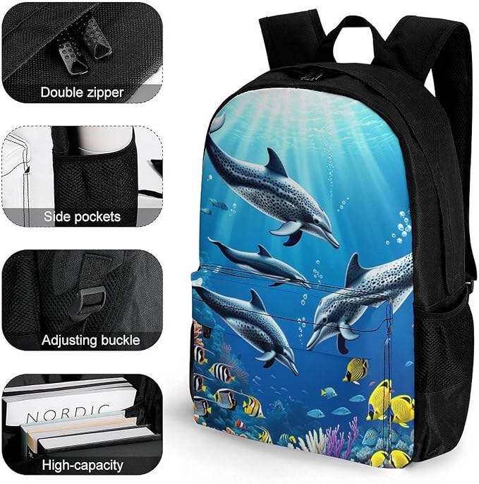 Supdreamc Rucksacks Polyester Anti-Theft Multipurpose Colorful Sea Ocean World Dolphin Tropical Fishes Coral Art Carry On Bag Large Capacity Gym Outdoor Hiking Backpack With Smooth Zippers