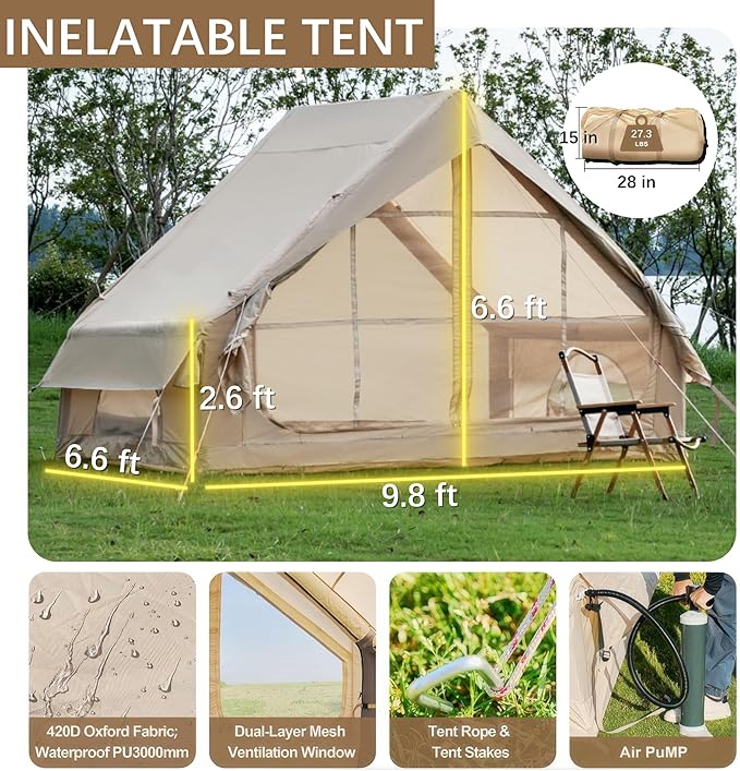 Inflatable Camping Tent with Pump, Glamping Tents for 4-6 Person, 4 Season Waterproof Glamping Tent with 12 Mesh Windows, Easy Setup for Family Outdoor Adventures