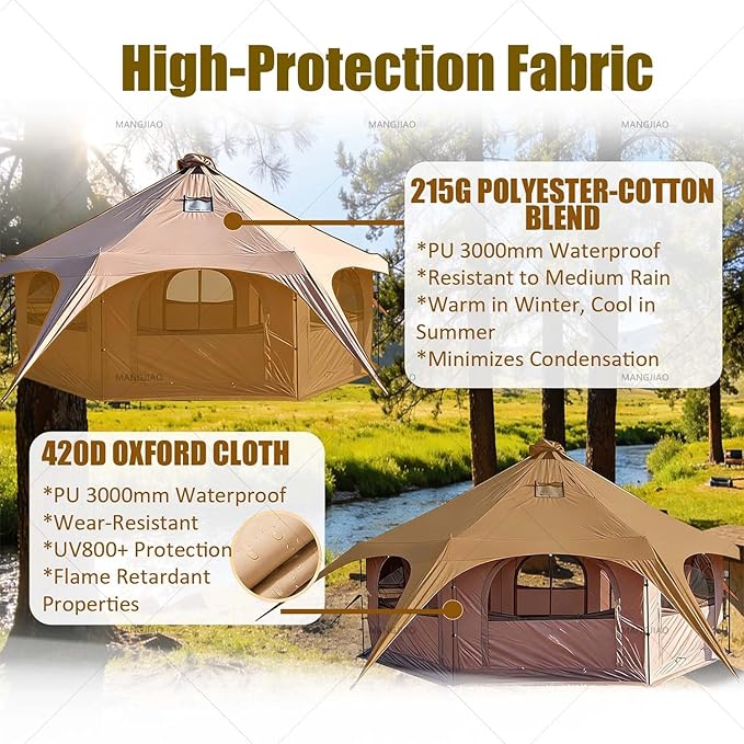 Octagon Tent, Canvas Bell Yurt Tent, 15 Person Large Glamping Tent with Stove Jack, Waterp-roof Polycotton Roof, and 8 Mesh Windows for Comfortable Family Camping and Festival Outings.