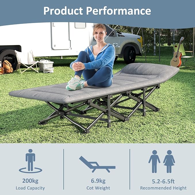 Mopaicot Camping Cot, Folding Cot Bed for Adults with Built-in Mattress and Pillow, Portable Outdoor Sleeping Cot for Camping and Travel, with Carry Bag, Grey, Max Load 450 LBS