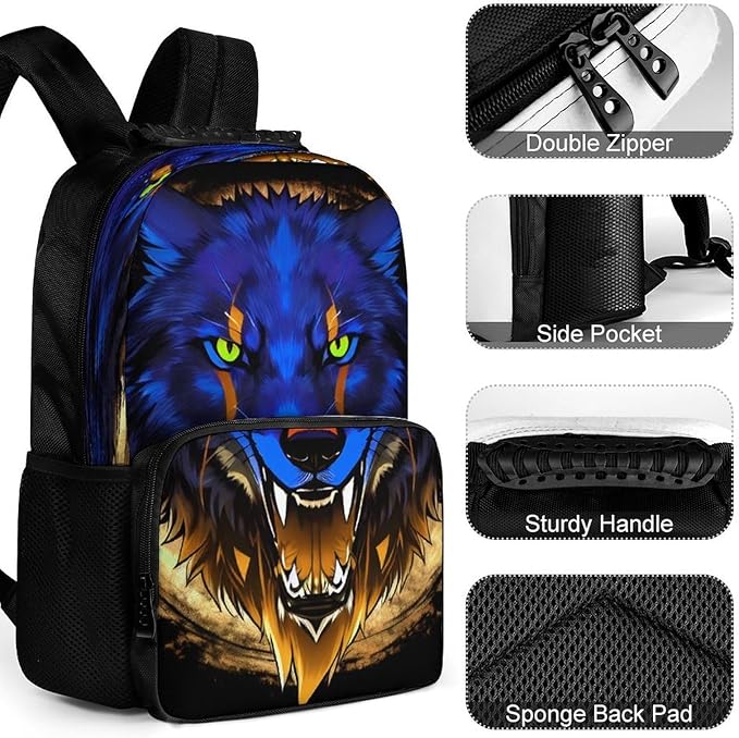 Lightweight Daypack for Camping Business Walking Cycling, Large Capacity Anti-Theft Multipurpose Bookbag, Wolf Head With Fire Art Gym Outdoor Hiking Backpack