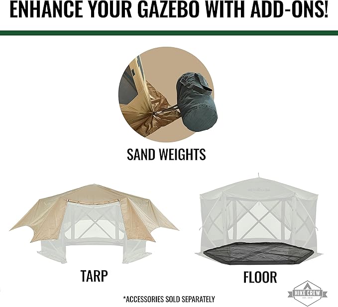 Hike Crew 12’x12’ Pop-Up Gazebo Screen Tent | 6-Sided Outdoor Canopy Shelter w/Built-in Zippered Wind Panels, Built-in Awning, Stakes, Ropes & Carry Bag for Camping & Sports | UV Resistant SPF 50+