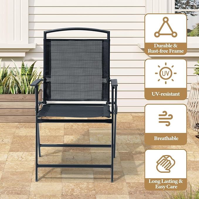 Crestlive Products Patio Folding Chairs Set of 4, Outdoor Folding Chairs with Durable Rust-Resistant Frame and Breathable Textilene Material for Outside, Black