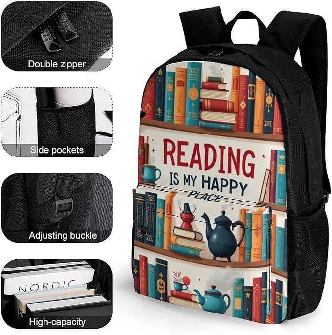 Supdreamc Men Women Lightweight Reading Is My Happy Place Book Lovers Casual Daypack Big Capacity Bookbag With Padded Straps for Gym Travel Walking Cycling