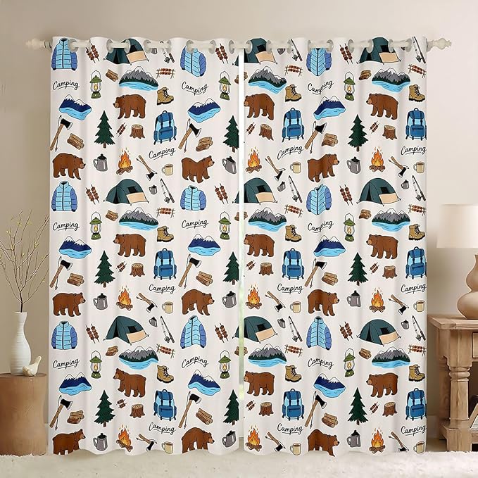 jejeloiu Camper Blackout Curtains Happy Camping Darkening Drapes for Bedroom Living Room Decor RV Camping Thermal Insulated Shades Wild Animal Window Treatments, 2 Panels 52 x 63 Inch
