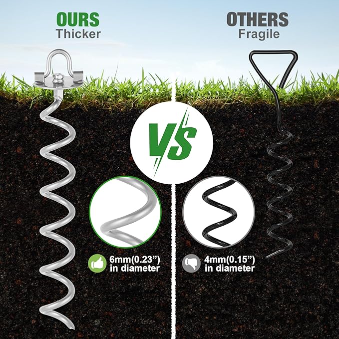 MIXXIDEA 17.5 Inch Gound Anchors Screw in, Metal Spiral Earth Anchors Kit, Heavy Duty Folding Ring Spiral Stake with Straps, Ground Stakes for Tent Trampolines, Sheds, Swings (Silver, 17.5 Inch)