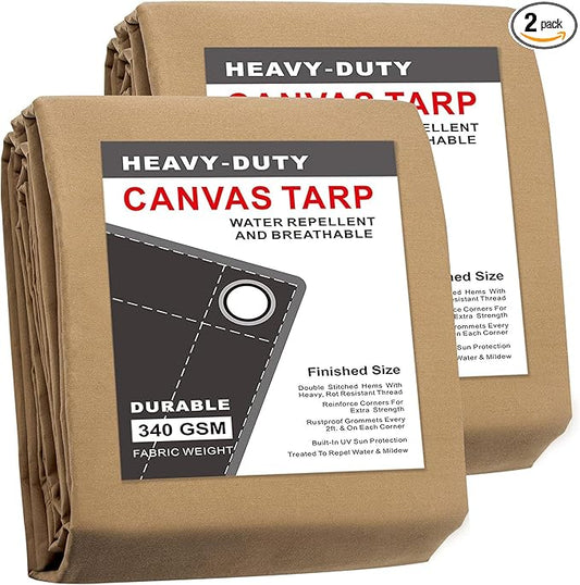 CARTMAN Finished Size 8x10 Feet Tan 2PK Canvas Tarp with Rustproof Grommets, Heavy Duty Multipurpose Tarpaulin Cover for Canopy Tent, Roof, Camping, Woodpile