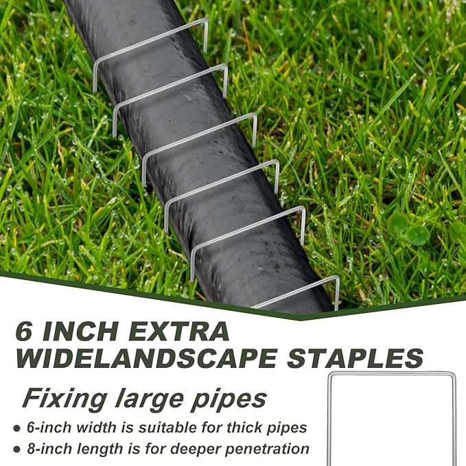 50 Pack Heavy Duty Wide Landscape Staples, 7 Gauge Galvanized Steel Turf Stakes Garden Stakes Bulk, U Type Anchor for Grass, Securing Weed Barrier Fabric, Pipes, Sod (8"x6")