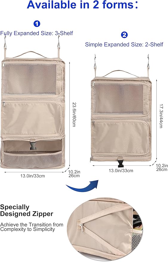 ELEZAY Hanging Packing Cubes Portable Closet 3-Shelf Travel Collapsible Compression Garment Organizer for Carry-on Luggage Suitcase Space Saver Bag X-Large_No Side Pockets, Beige