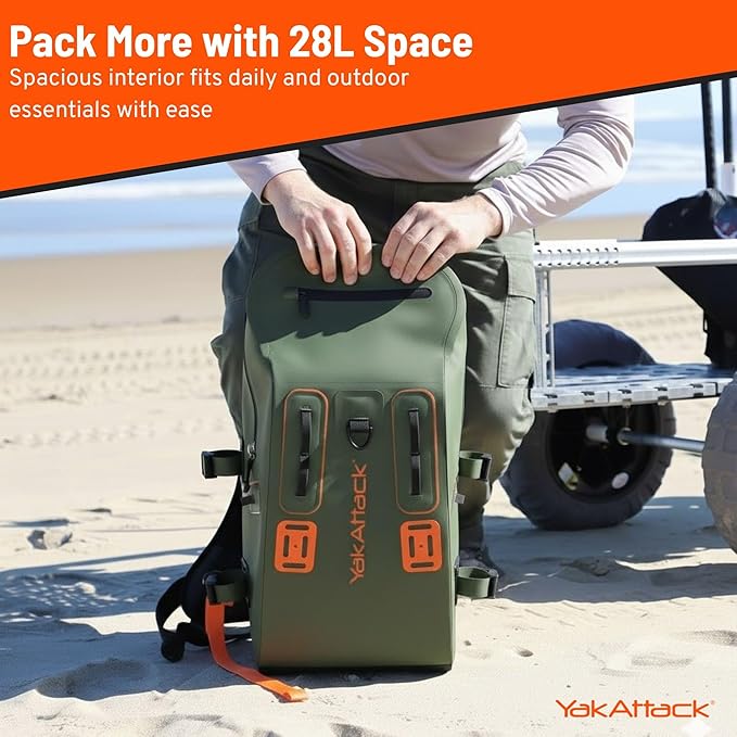 YakAttack 28L DryPak Waterproof Backpack - Green/Orange | Floating Marine Dry Bag Pack with Padded Straps for Kayaking, Fishing & Hiking | 10" x 22" x 12" | Lightweight Outdoor Gear & Storage Drybag